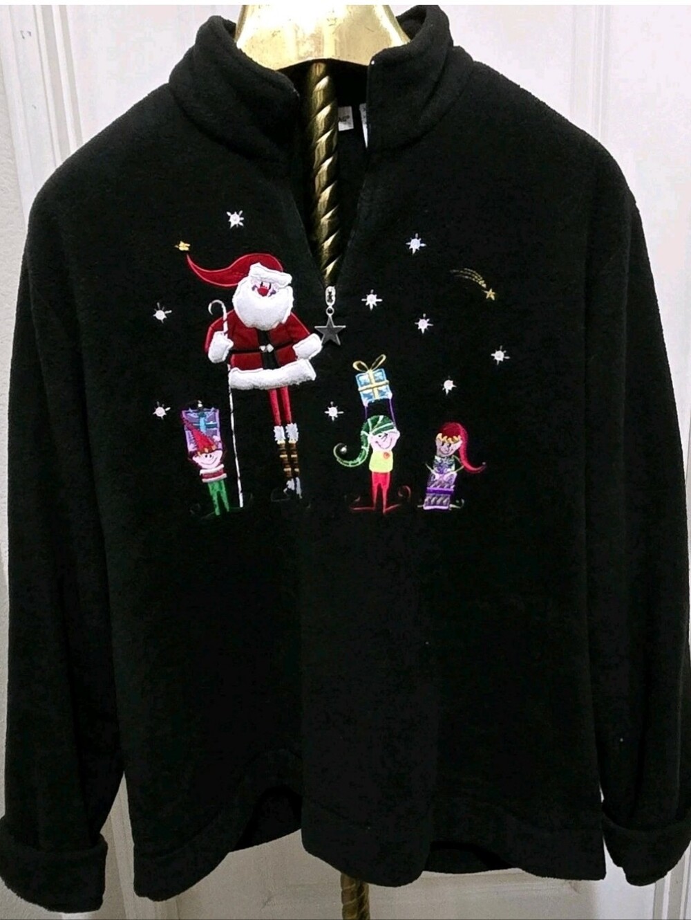 White Stag Christmas Santa Elves Snowflake 1/4 Zip Black Red Sweater Pullover XL